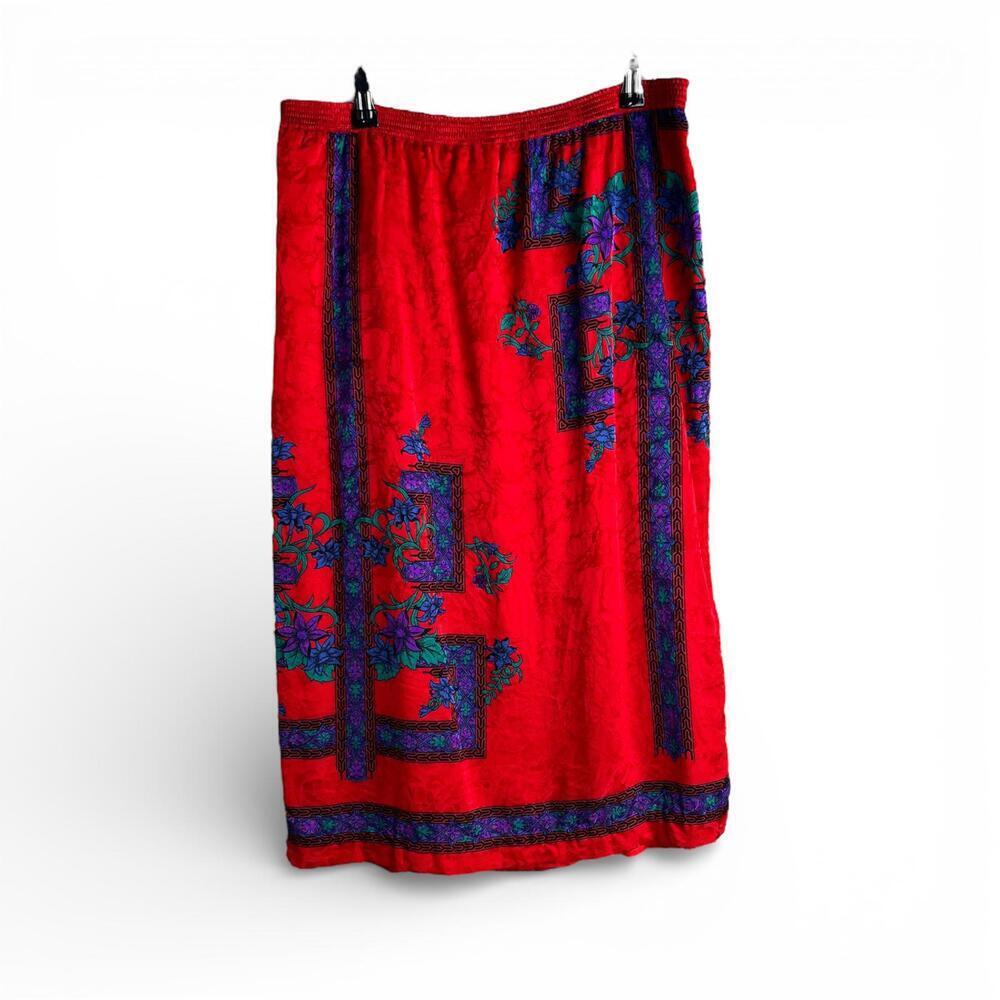 Vintage Red 100% Silk Floral Midi Skirt - Picture 3 of 4